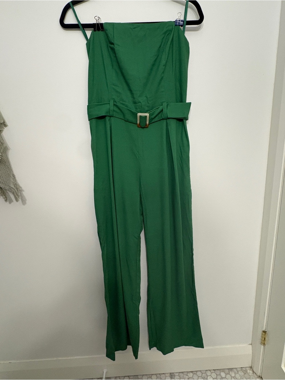 Strapless Monteau Los Angeles Green Wide-Leg Jumpsuit with Buckle Belt